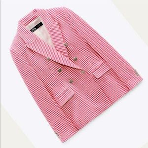 ZARA Like NEW WOMAN HOUNDSTOOTH DOUBLE BREASTED BLAZER JACKET PINK WHITE